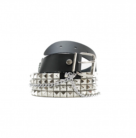 Ремень – черный кожаный  – 4 ROW NICKEL PYRAMID STUDS & CHAINS